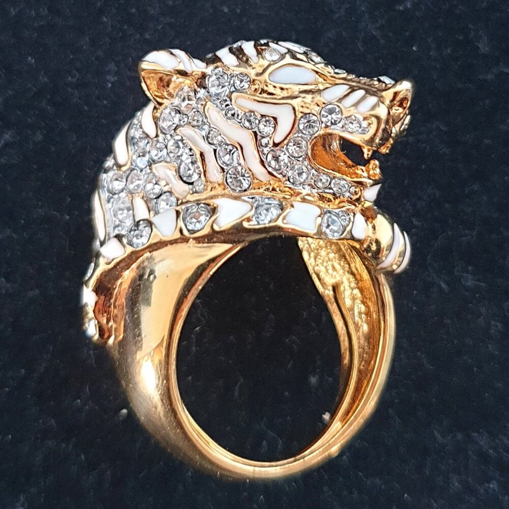 Fancy Kenneth Jay Lane KJL Rhinestone Crystal Enamel Tiger Ring Adjustable Size